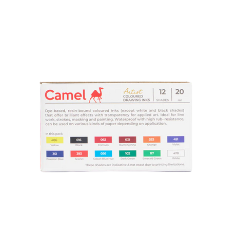 Camel Assorted Coloured Drawing Inks Set of 12 Shades in 20ml Bottles - Retail Maharaj