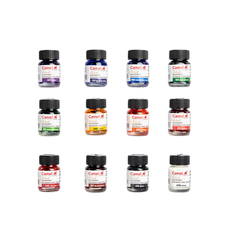 Camel Assorted Coloured Drawing Inks Set of 12 Shades in 20ml Bottles - Retail Maharaj