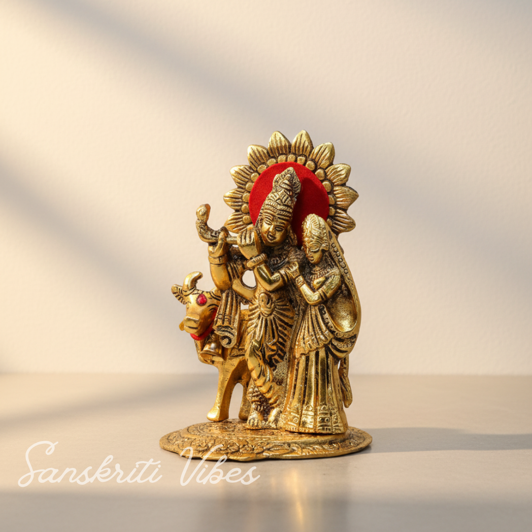 Metal Radha Krishna Standing with Cow Statue for Home Decor, Office Decor and Gift Purpose Decorative Showpiece 16 cm Metal Idol - Retail Maharaj