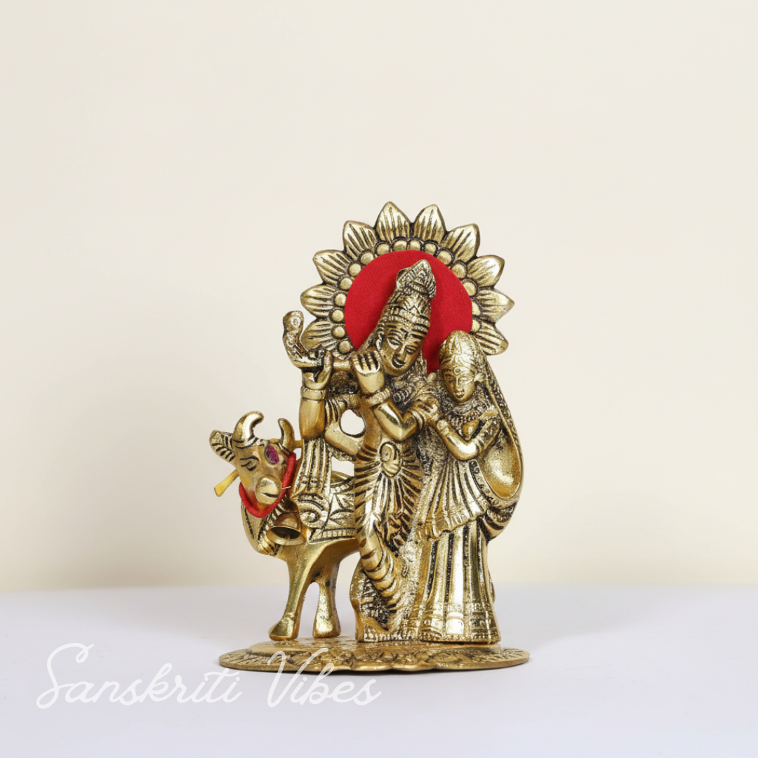 Metal Radha Krishna Standing with Cow Statue for Home Decor, Office Decor and Gift Purpose Decorative Showpiece 16 cm Metal Idol - Retail Maharaj