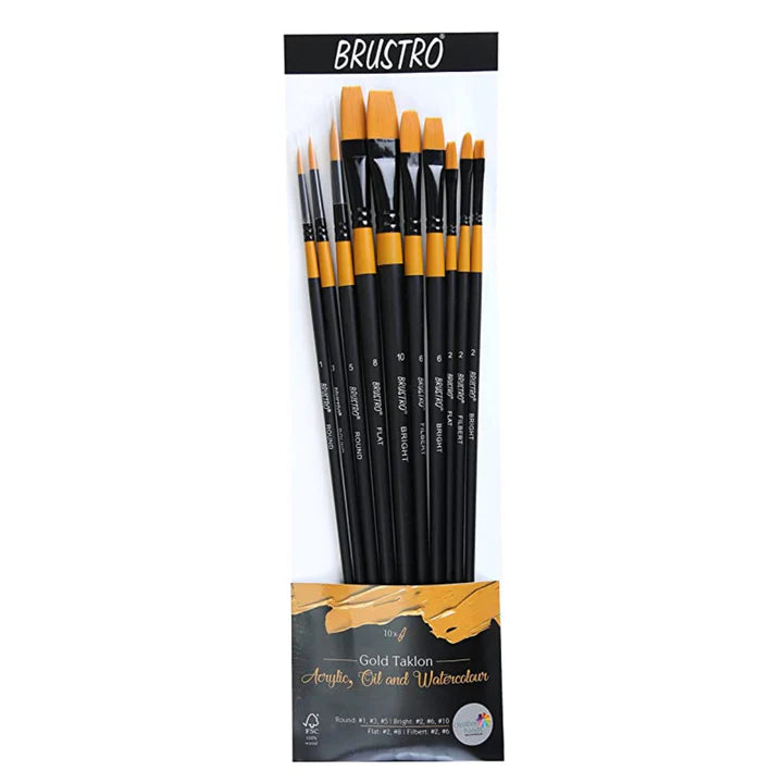 BRUSTRO Artists Gold Taklon Brush Set of 10 for Oil, Acrylic, and Watercolor - Retail Maharaj