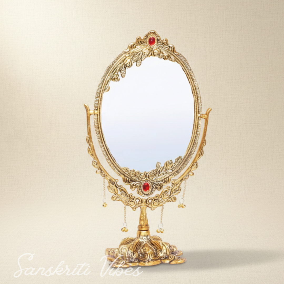 Beautifully Carved Oval Shape Gold Plating Metal Hand Mirror for Makeup - Retail Maharaj