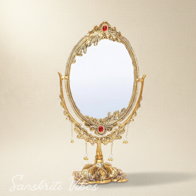 Beautifully Carved Oval Shape Gold Plating Metal Hand Mirror for Makeup - Retail Maharaj
