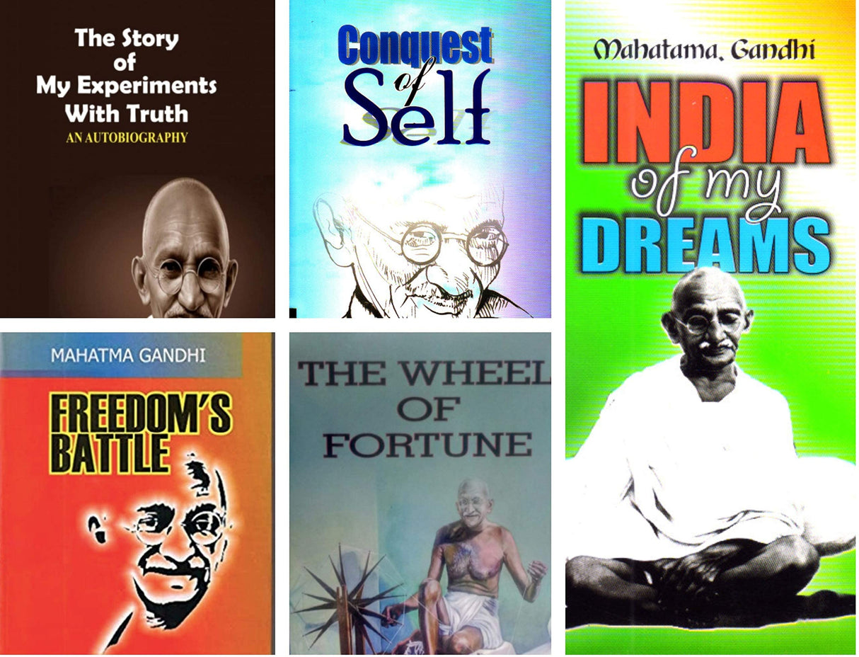 Great Books By Mahatma Gandhi, Set of 5 Books (Wheel of Fortune, The story of my experiments with truth, India of my Dreams, Conquest of Self, Freedom's Battle) - Retail Maharaj