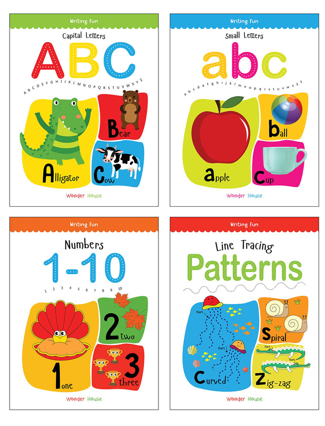 Writing Practice Workbooks - Pack of 4 Early Writing Books for Kids (Writing Fun Series): Write and Practice Capital Letters, Small Letters, Line Tracing Patterns & Numbers 1–10 | Pre-Writing Skills Workbook Set for Preschool & Kindergarten | Ages 3–6 Yea - Retail Maharaj