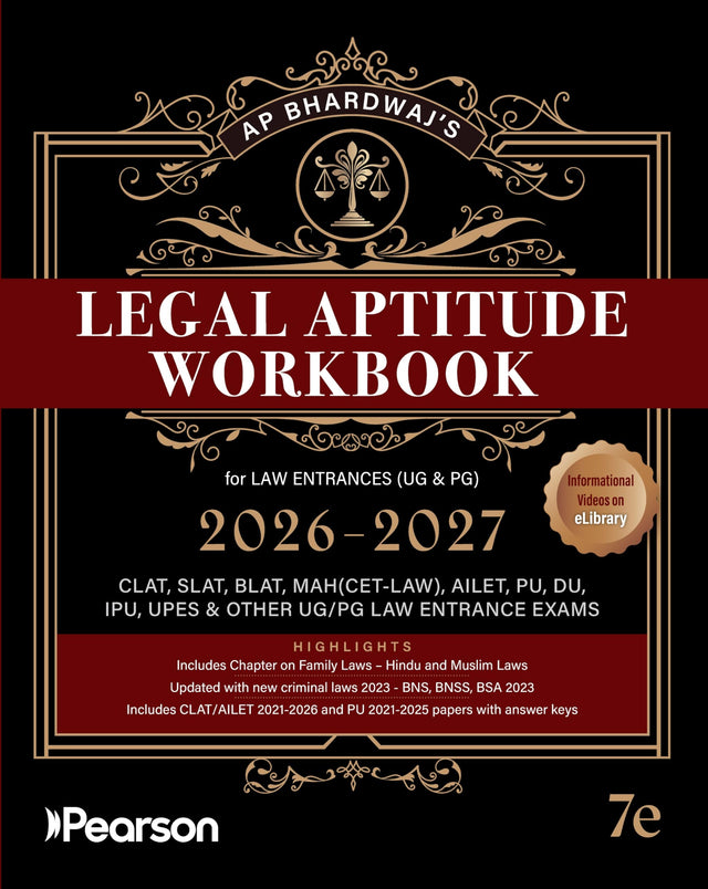 Pearson'26 Legal Aptitude Workbook Law Entrances (UG & PG) 2026-2027 (CLAT, SLAT, BLAT, MAH(CET-LAW), AILET, PU, DU, IPU, UPES, & Other UG-PG Law ... GK, Current Affairs, English, & Reasoning - Retail Maharaj