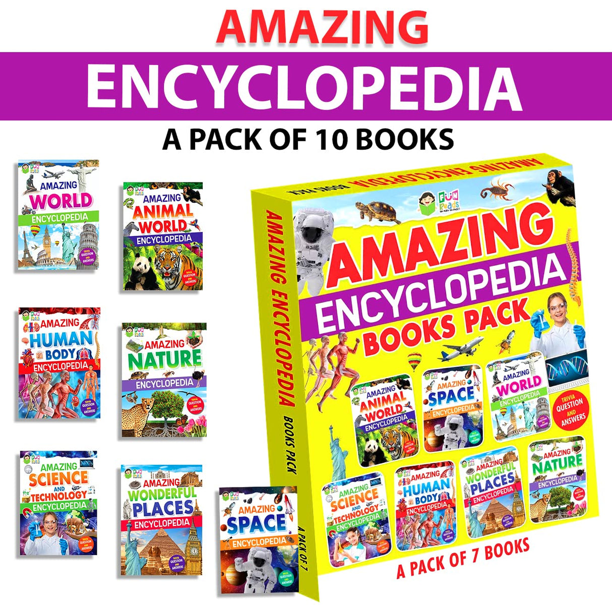 FUN READS Amazing Encyclopedia Books | Pack of 7 Books | Paperback Edition | Knowledge Books for Children, School, Libraries - Retail Maharaj
