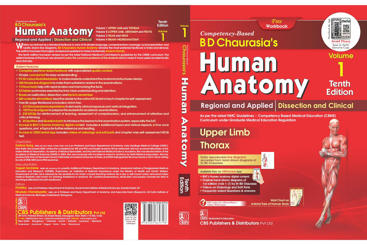 Bd Chaurasias Human Anatomy - 10Ed Vol 1 Regional And Applied Dissection And Clinical Upper Limb Thorax With Free Workbook And Ebooks (Pb 2025) - Retail Maharaj