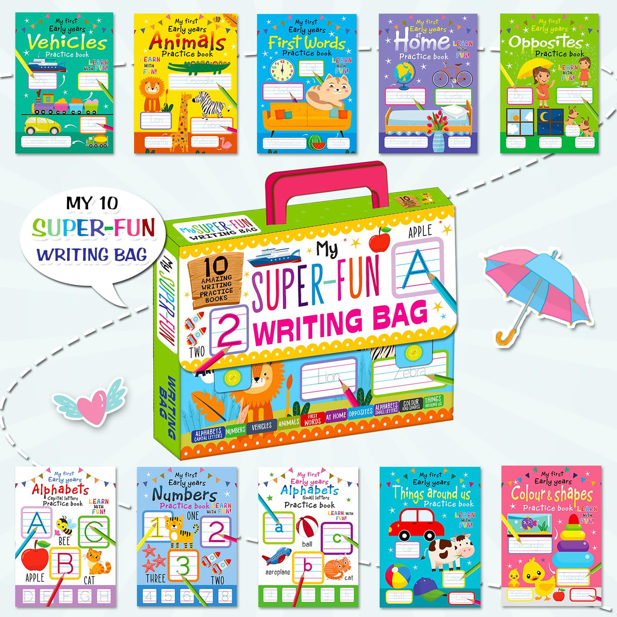My Super Fun Writing Bag: Set of 10 Amazing Writing Practice Books - Perfect for Kids, Travel and Gifting / Return Gifts - Retail Maharaj