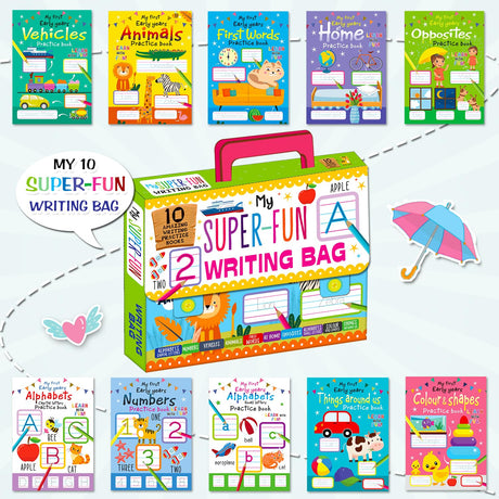 My Super Fun Writing Bag: Set of 10 Amazing Writing Practice Books - Perfect for Kids, Travel and Gifting / Return Gifts - Retail Maharaj