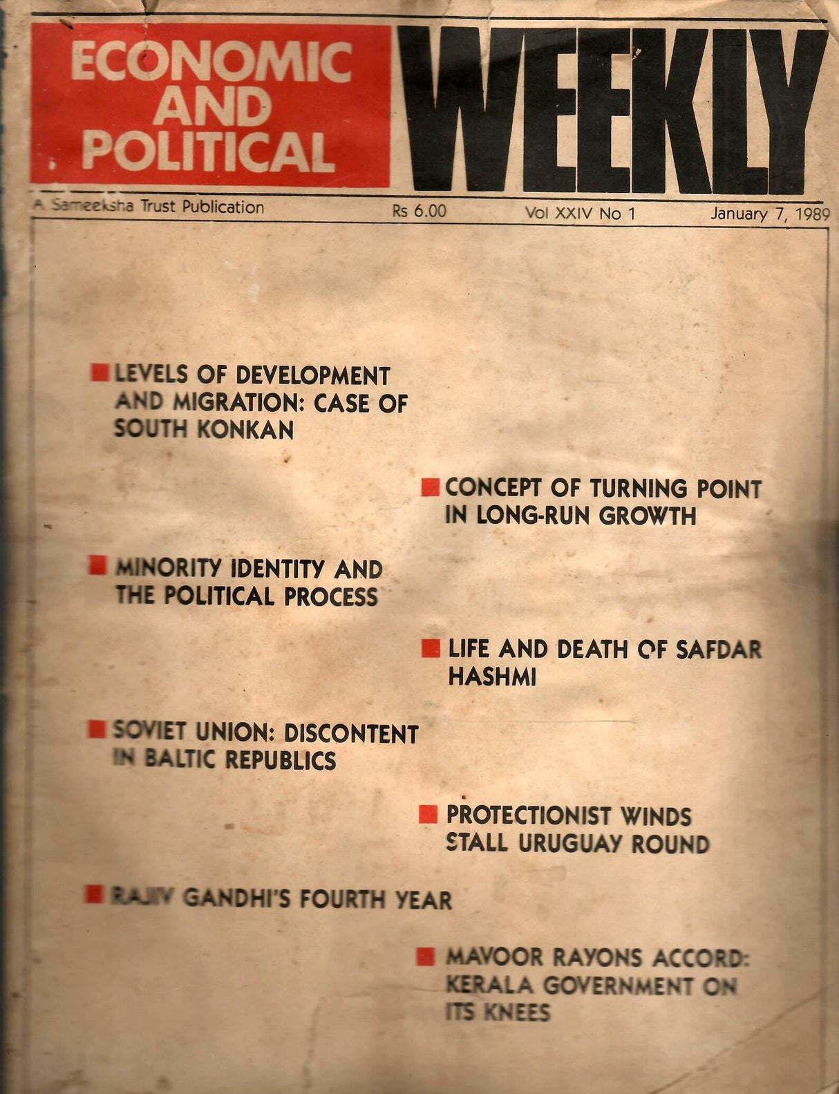 Economic And Political Weekly - Vol. XXIV , No. 1 To 52 ( January 1989 To December 1989 ) ( Set Of 52 Issues )