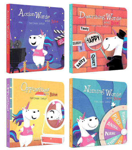 My First Words – Box Set of 4 Board Books: Naming Words, Action Words, Describing Words & Opposite Words | Brightly Illustrated Vocabulary Builder for Babies, Toddlers & Preschoolers | Early Learning Board Books | Ages 0–5 Years - Retail Maharaj