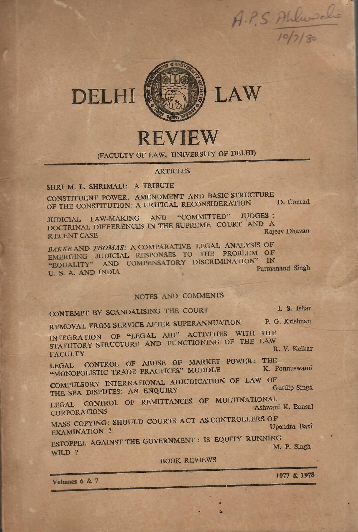 Delhi Law Review - Volumes 6 & 7 , 1977 & 1978