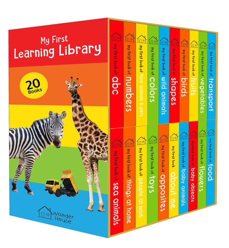My First Learning Library: Boxset of 20 Board Books for Kids | Includes ABC, Numbers, Shapes, Colors, Wild & Baby Animals, Fruits, Vegetables, Transport, Toys, Opposites, Flowers, Sea Animals, People at Work, Food, About Me & More | Early Learning for Bab - Retail Maharaj