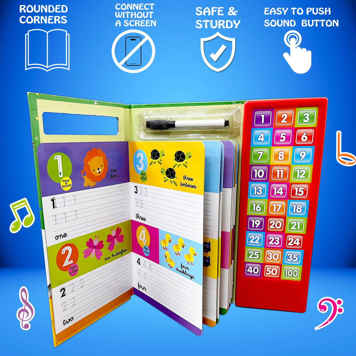 My Noisy Numbers Sound Book with 30 Sounds, Write-Erase Pages, Marker, Interactive Learning Toy for Kids 3 Years and Above - Retail Maharaj