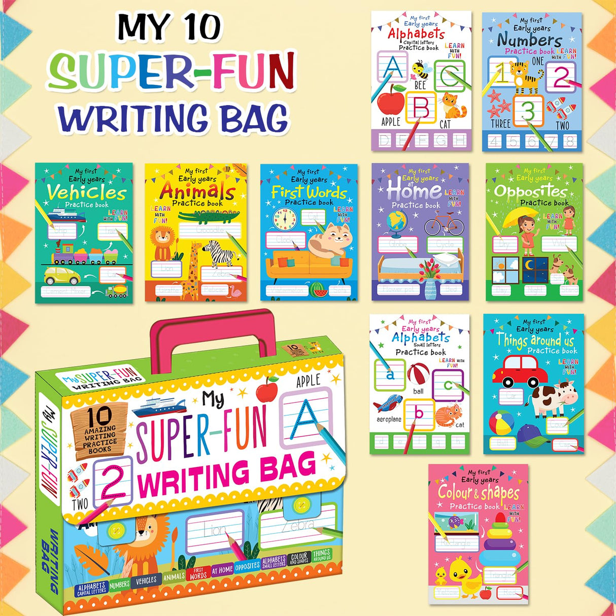 My Super Fun Writing Bag: Set of 10 Amazing Writing Practice Books - Perfect for Kids, Travel and Gifting / Return Gifts - Retail Maharaj