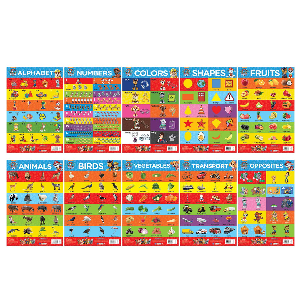 Paw Patrol - My First Early Learning Charts : Learn With Paw Pups (10 Charts - Alphabet, Animals, Birds, Colors, Fruits, Numbers, Opposites, Shapes, Transport, Vegetables) - Retail Maharaj