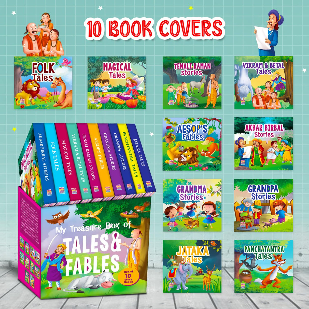 Treasure Box of Tales Fables – Boxset of 10 Board Books for Kids (Pack 1) | Includes : Early Learning Story Books Grandma , Grandpa , Panchatantra , ... , for Toddlers | Perfect Gift Set for Kids - Retail Maharaj