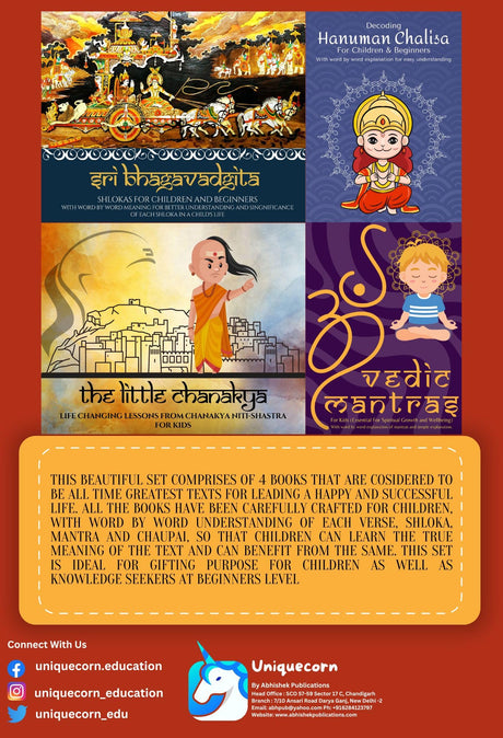 Spiritual Growth and Wellbeing Set For Kids; Set of 4 Books Hanuman Chalisa For Children and Beginners; Vedic Mantras For Kids; The Little Chanakya and Sri Bhagavadgita Slokas For Kids - Retail Maharaj