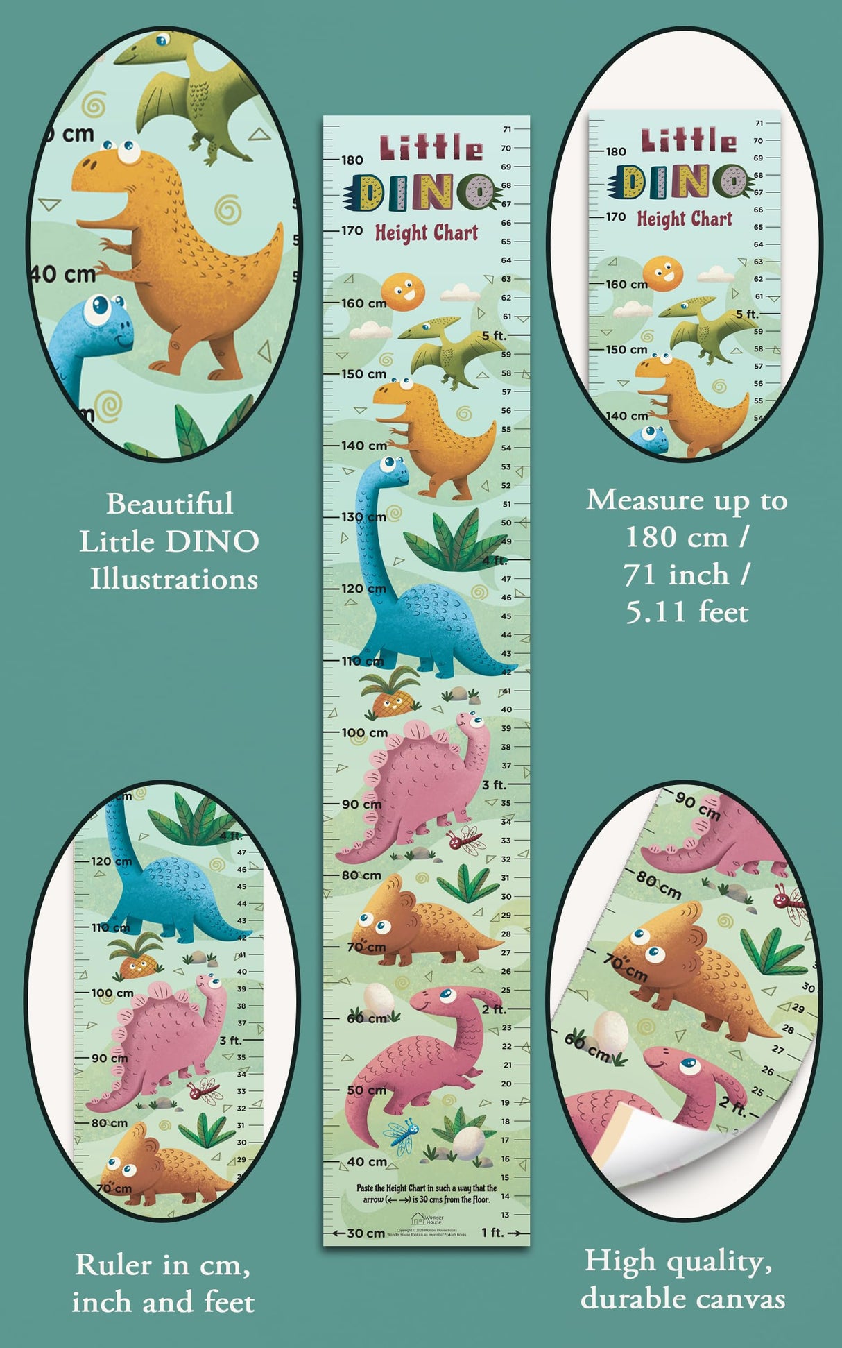 Little Dino Height Chart ( Kids' Height Chart | Height Measuring Scale Sticker | Height Chart Wall Sticker for Children | Nursery Decoration) - Retail Maharaj