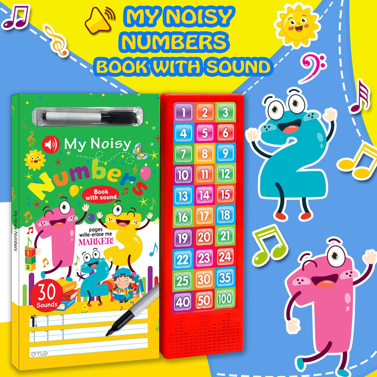 My Noisy Numbers Sound Book with 30 Sounds, Write-Erase Pages, Marker, Interactive Learning Toy for Kids 3 Years and Above - Retail Maharaj