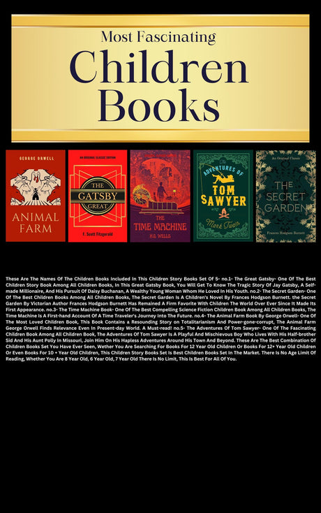 Most Fascinating Children Books Set Of 5, This Children Story Books Set Contains These Books, The Great Gatsby, The Secret Garden, Time Machine, The Animal Farm Book, The Adventures Of Tom Sawyer - Retail Maharaj
