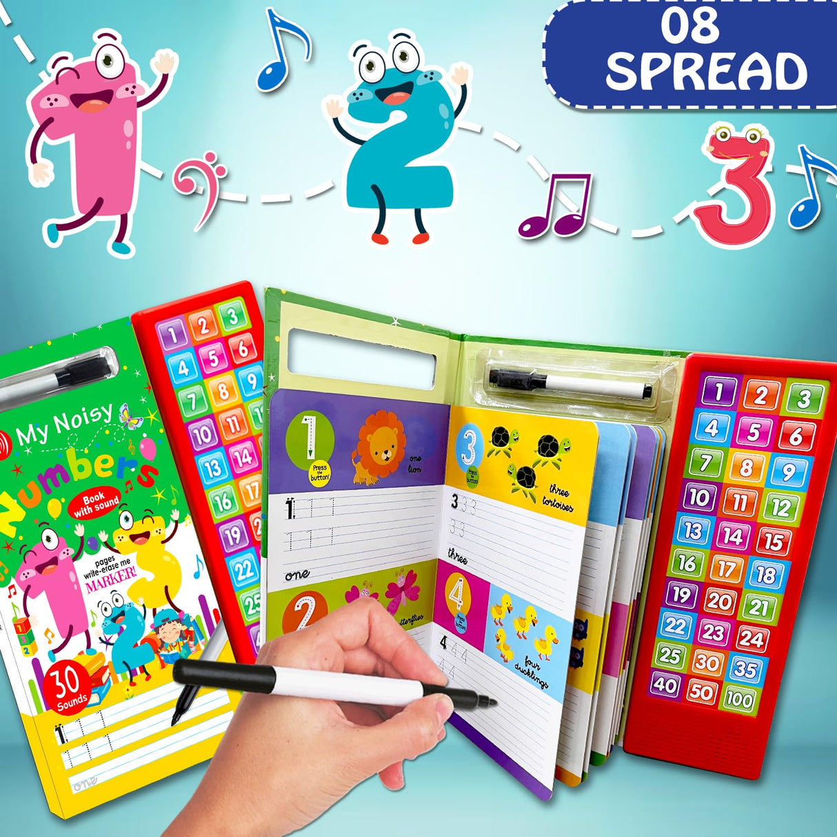 My Noisy Numbers Sound Book with 30 Sounds, Write-Erase Pages, Marker, Interactive Learning Toy for Kids 3 Years and Above - Retail Maharaj
