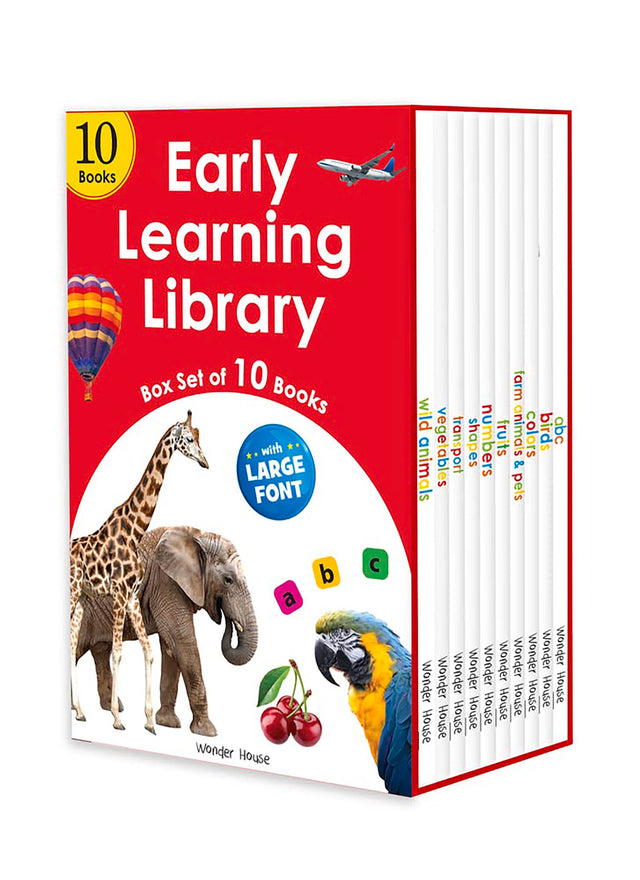 Early Learning Library – Box Set of 10 Books: Big Board Books Series with Large Font for Kids | Includes ABC, Numbers, Shapes, Colours, Birds, Wild Animals, Farm Animals & Pets, Fruits, Vegetables, Transport | Bold Text & Bright Pictures | Ages 0–5 Years - Retail Maharaj