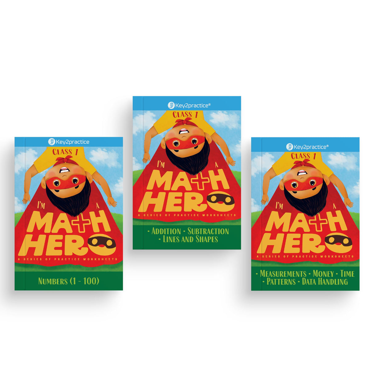 Key2Practice Maths Hero Workbook For Class 1 (Set of 3) : 226 Activity Based Worksheets ,Combo of (Numbers 1-100, Addition, Subtraction, Lines & ... Money, Time, Patterns, Data Handling) - Retail Maharaj
