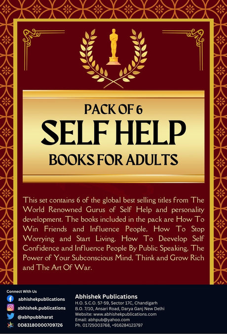 Pack of 6 Self Help Book for Adult - How to Self Confidence, Stop Worrying, Win Friends, Subconscios Mind, Think & Grow and Art of War - Retail Maharaj