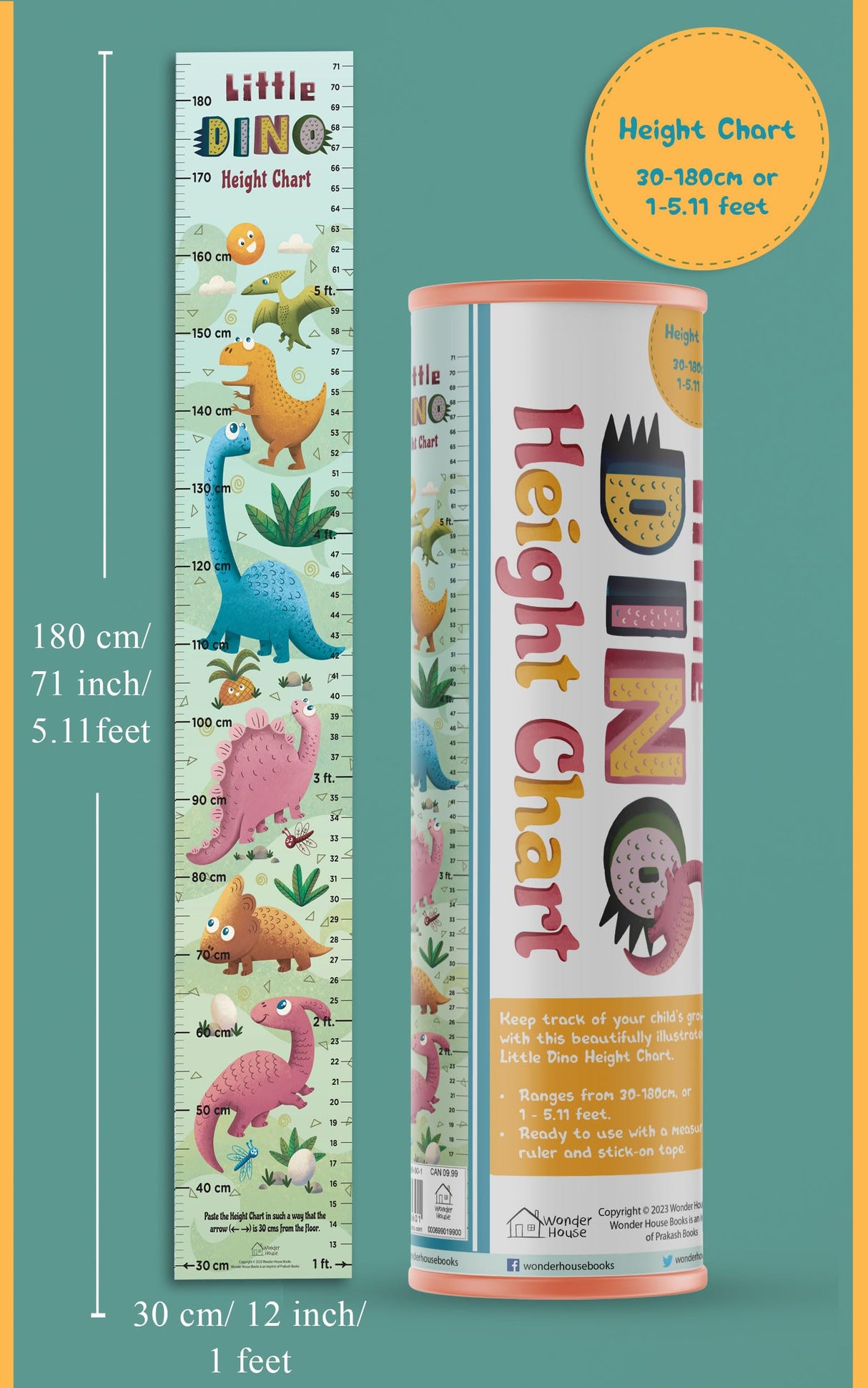 Little Dino Height Chart ( Kids' Height Chart | Height Measuring Scale Sticker | Height Chart Wall Sticker for Children | Nursery Decoration) - Retail Maharaj