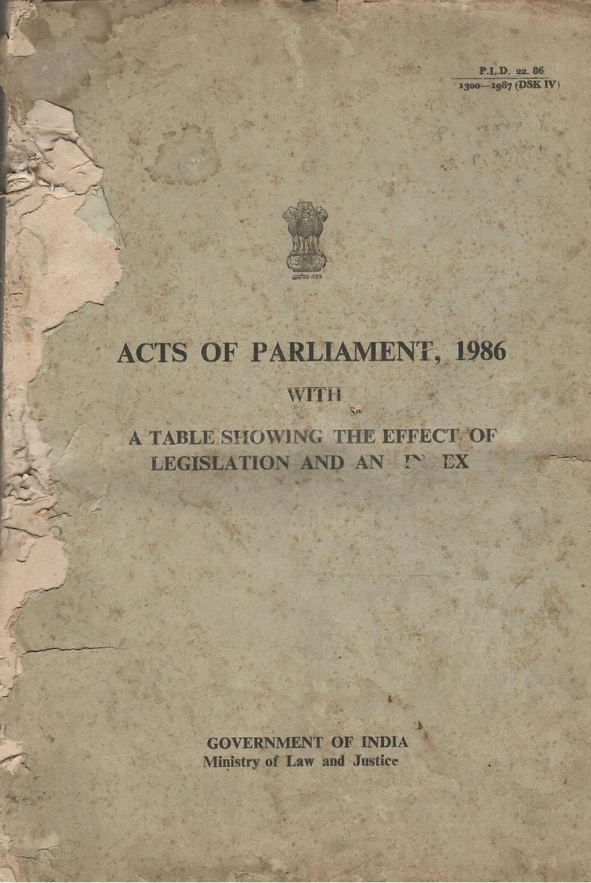 Acts of Parliament, 1986 with A Table Showing the Effect of Legislation and An Index [Hardcover] Ministry of Law and Justice