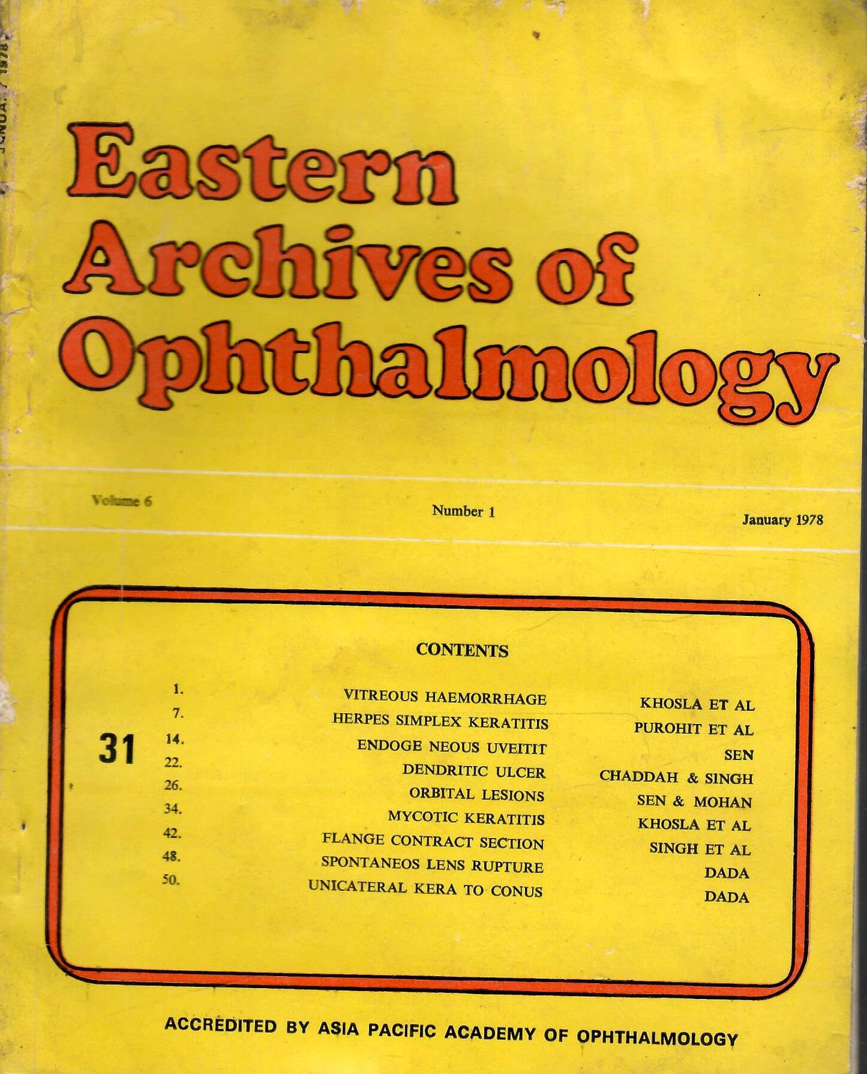 Eastern Archives Of Ophthalmology - Vol. 6 , No. 1 To 6 ( January 1978 To December 1978 ) ( Set Of 6 Books )