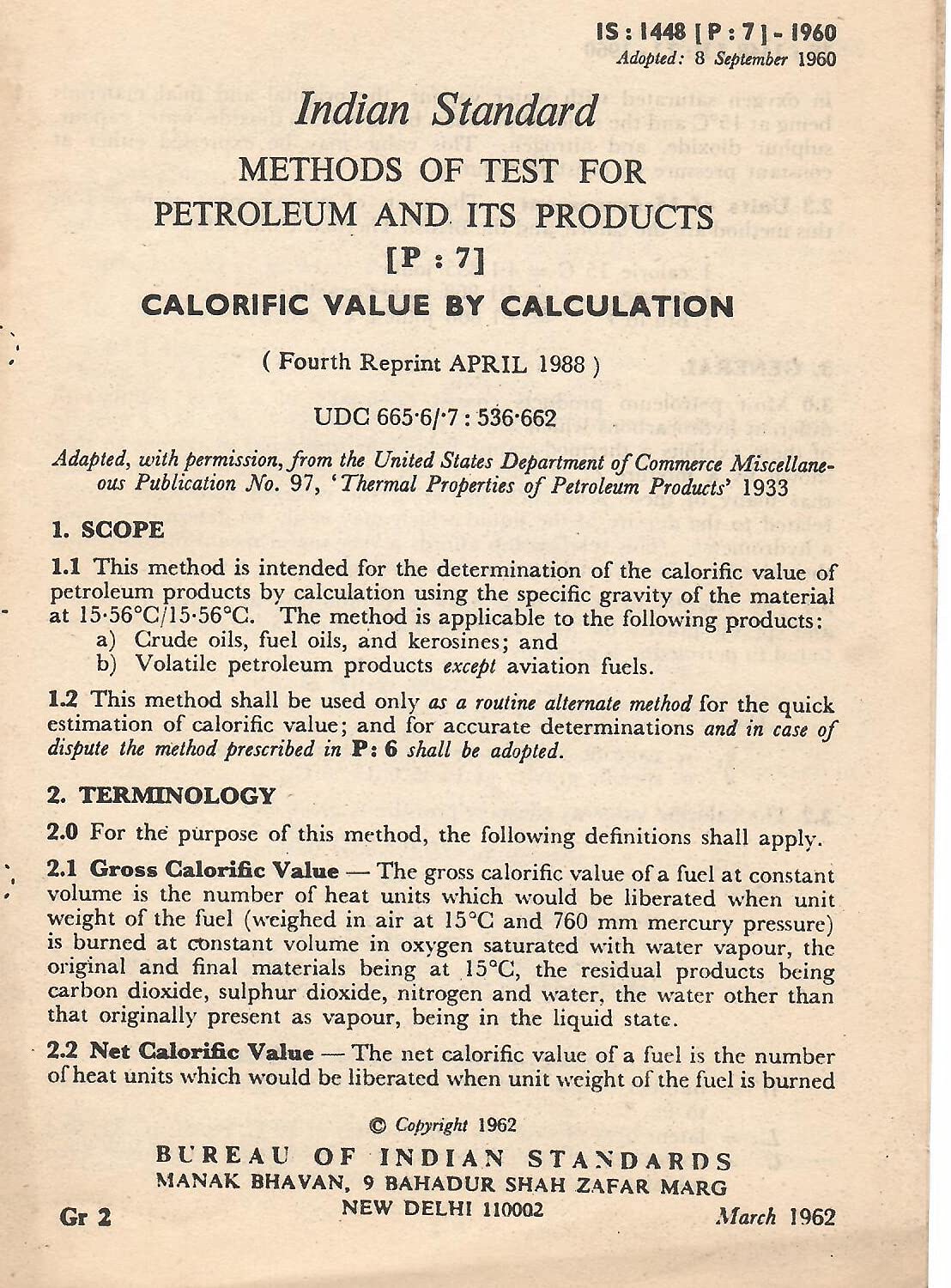 IS : 1448 [P : 7] - 1960 - Methods of Test for Petroleum and Its Products [P : 7] - Calorific Value by Calculation [Paperback] Bureau of Indian Standards