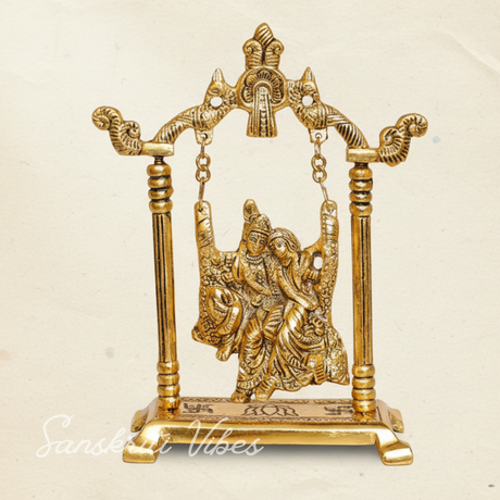 Radha Krishna on Swing Jhula Gold Plated Metal Statue for Home Decor Spiritual Decorative Showpiece - Retail Maharaj