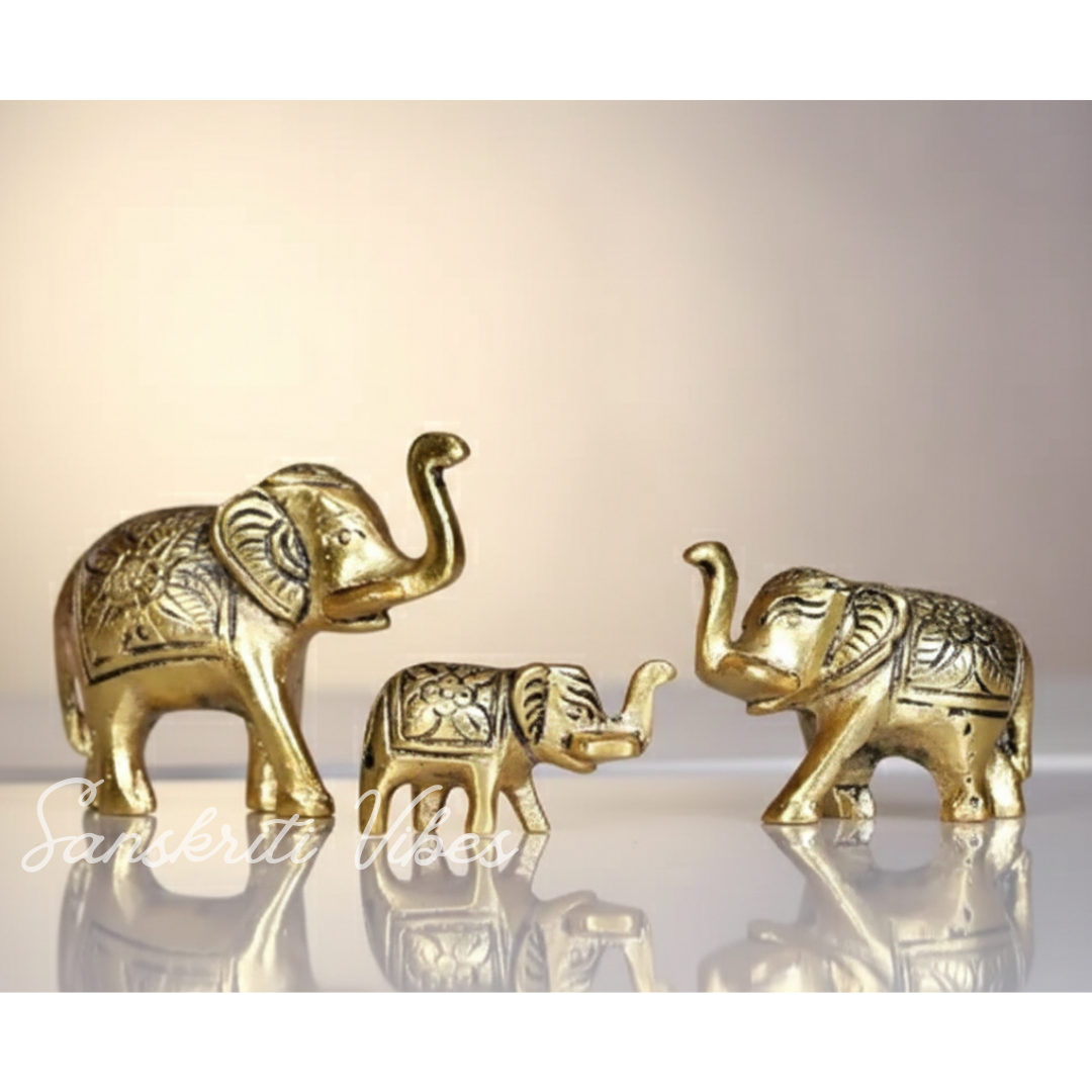 Elephant Showpiece Metal Statue Small Size Gold Polish 3 pcs Set for Home and Office Decoration - Retail Maharaj