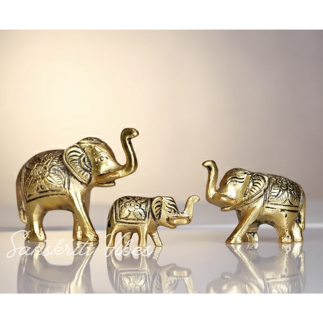 Elephant Showpiece Metal Statue Small Size Gold Polish 3 pcs Set for Home and Office Decoration - Retail Maharaj