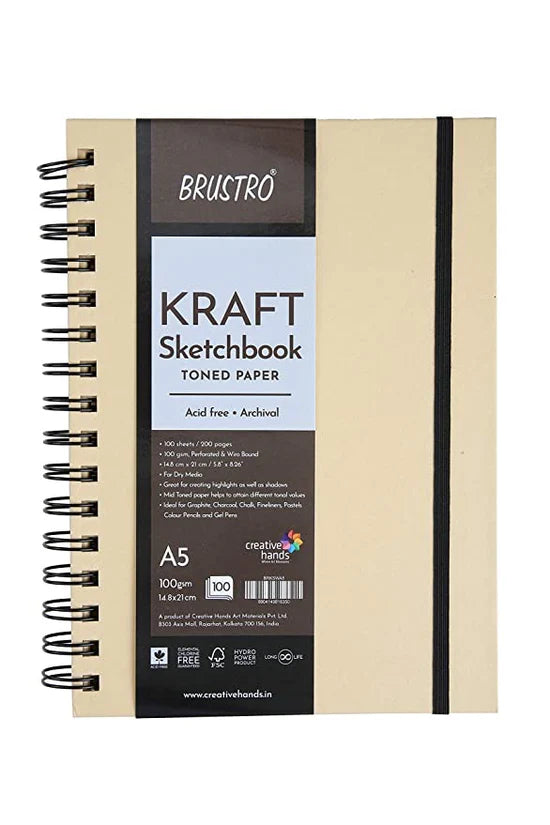 Brustro A5 Kraft Toned Paper Sketchbook Wiro Bound 100 GSM 100 Sheets - Retail Maharaj