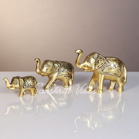 Elephant Showpiece Metal Statue Small Size Gold Polish 3 pcs Set for Home and Office Decoration - Retail Maharaj
