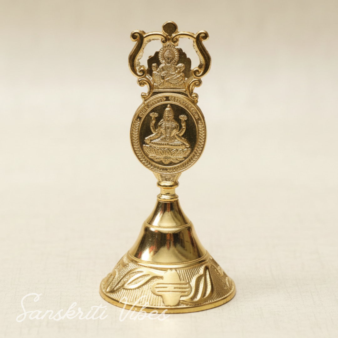 Antique Pooja Bells Metal Gold Kuber Ghanti – Handcrafted Aluminium Puja Bell with Kuber, Laxmi & Ganesh Embossed Design for Home & Office Mandir