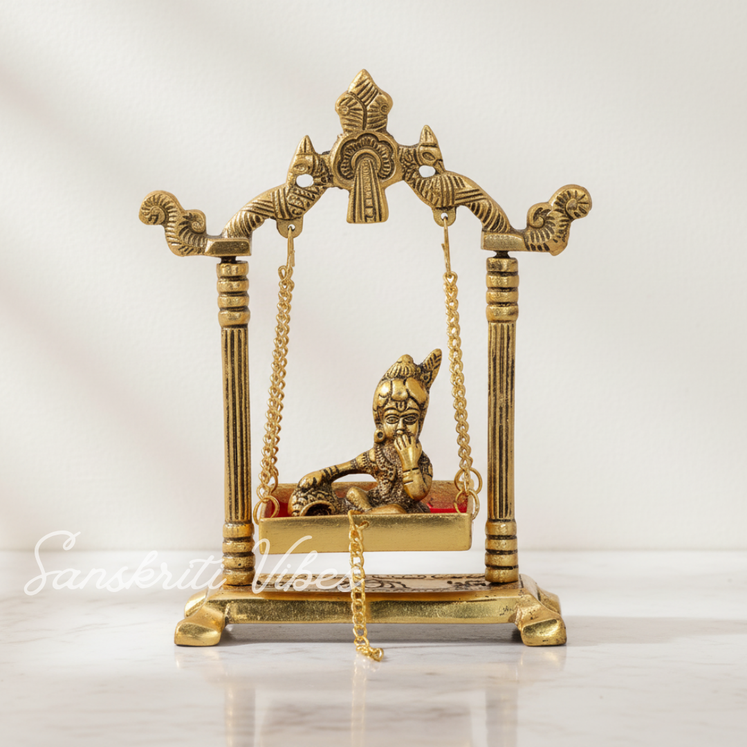 Laddu Gopal Jhula Palana Metal Statue – Gold-Plated Krishna Murti for Home & Office Decor, Religious Gift Idol - Retail Maharaj