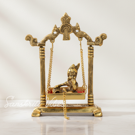 Laddu Gopal Jhula Palana Metal Statue – Gold-Plated Krishna Murti for Home & Office Decor, Religious Gift Idol - Retail Maharaj