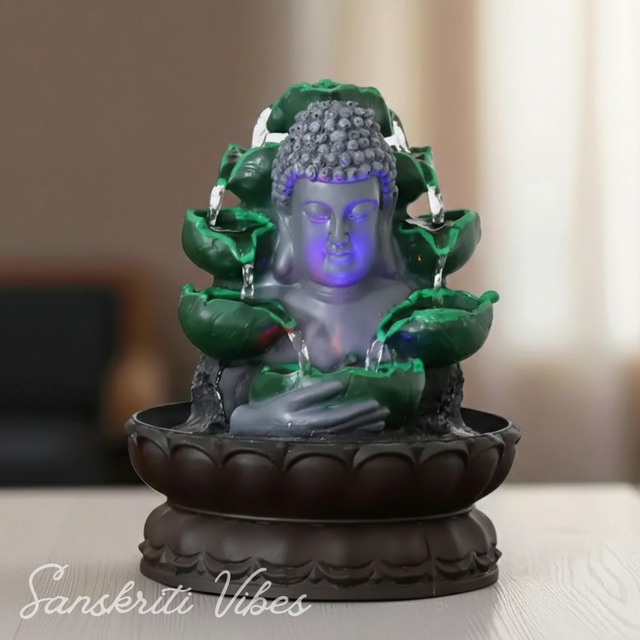 Buddha Face Water Fountain Idol Polyresin Lotus Water Fountain Showpiece for Home Garden Living Room Decor Decoration Gift Items, 24 CM - Retail Maharaj