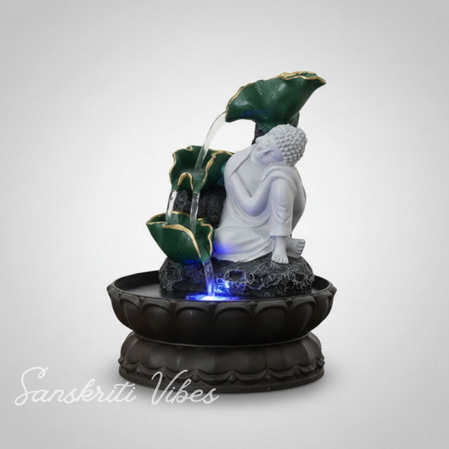 Buddha Resting Water Fountain Idol Polyresin Lotus Water Fountain Showpiece for Home Garden Living Room Decor Decoration Gift Items, 24 CM - Retail Maharaj