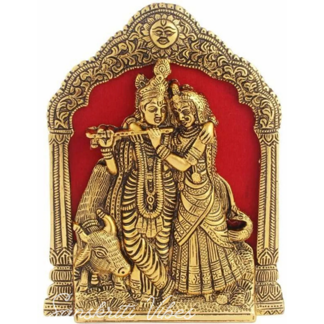 Antique Golden Finish Radha Krishna With Cow on Thin Metal Frame Wall Hanging and Table Decorative Showpiece - 21.6 Cm (Aluminium) - Retail Maharaj