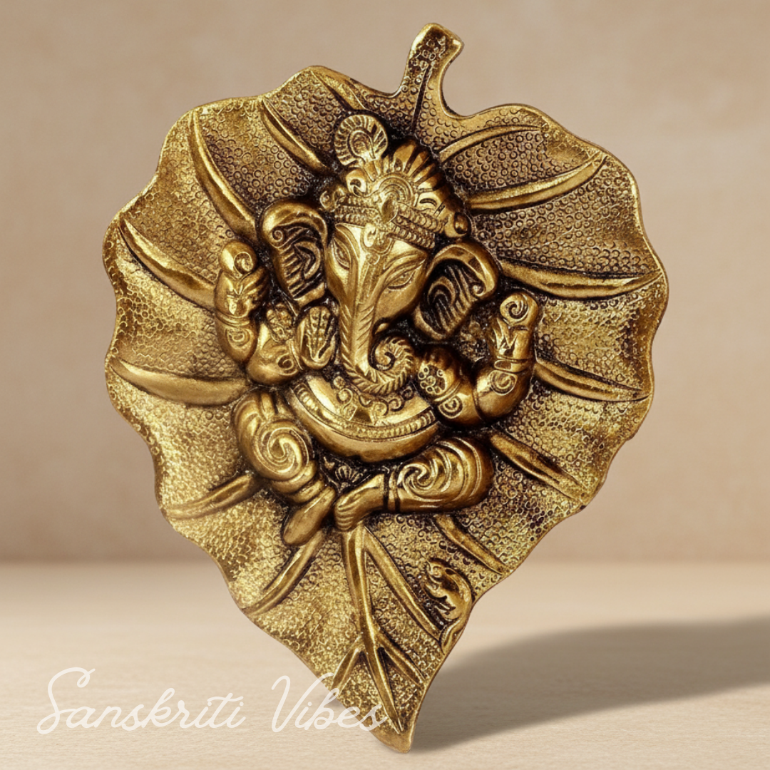 Golden Ganesha on Antique Finish Leaf Metal Handicraft Decorative Showpiece 19 cm - Retail Maharaj