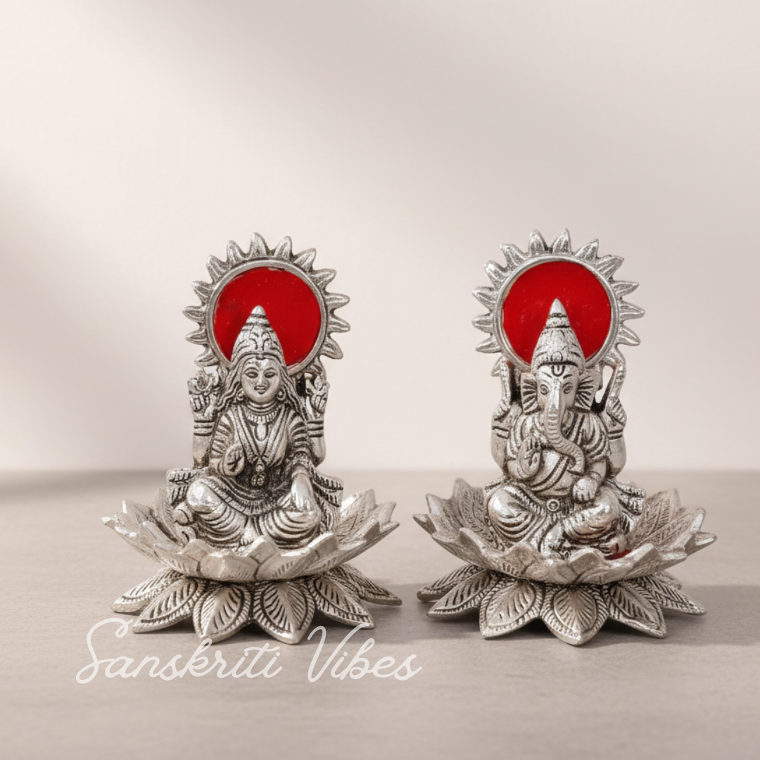 White Metal Laxmi Ganesh Statue On Lotus Flower Silver Plated For Home Decor Exclusive Gifts or Corporate Gift - Retail Maharaj