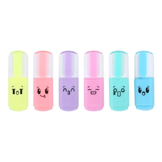 Cute Mini Highlighter Pens Cartoon Style Student Stationery Set of 6 - Retail Maharaj