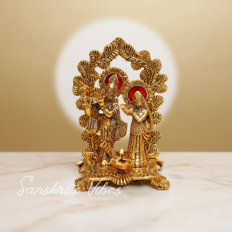Radha Krishna Standing Playing Flute Metal Statue Gold Antique Finish for Pooja Room Home Decor Spiritual Showpiece - Retail Maharaj