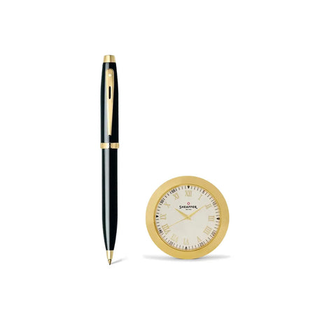 Sheaffer 100 Ballpoint Pen and Table Clock Gift Set Glossy Black Gold Trim - Retail Maharaj